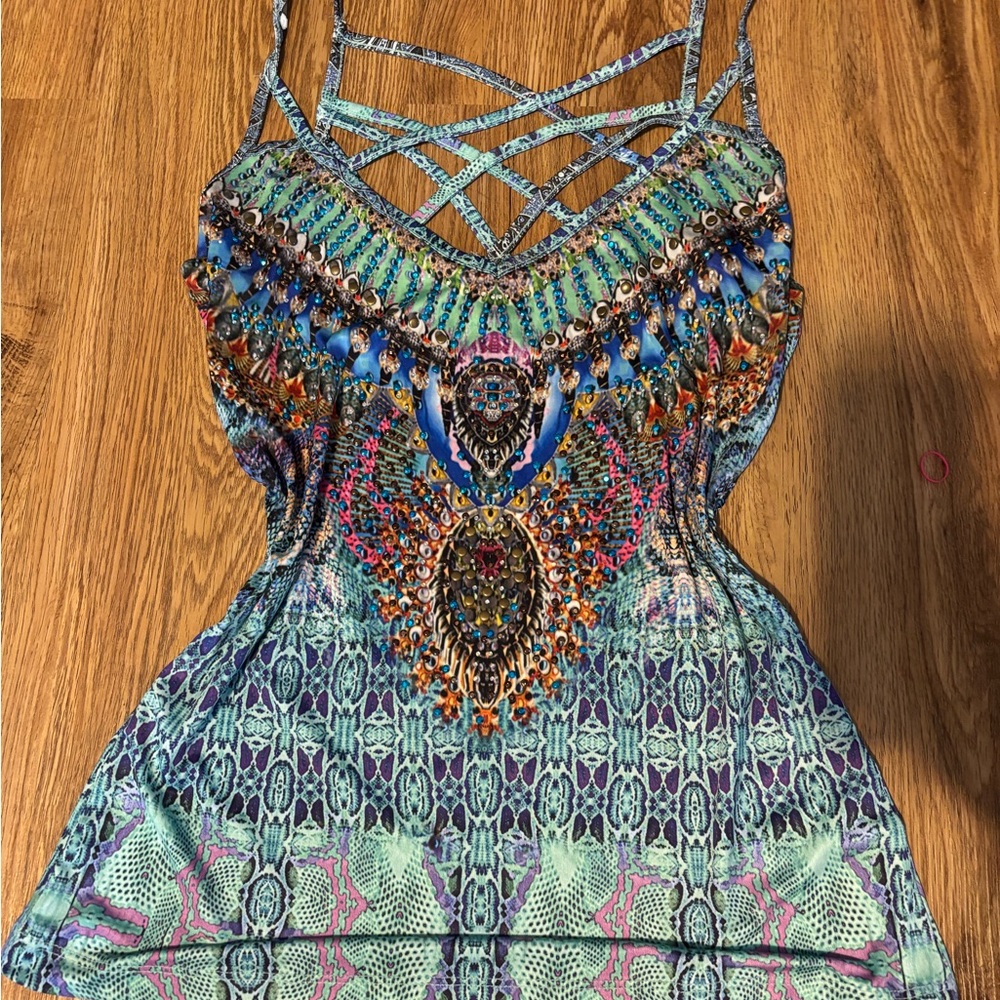 Blue and Green Graphic Embellished Camisole